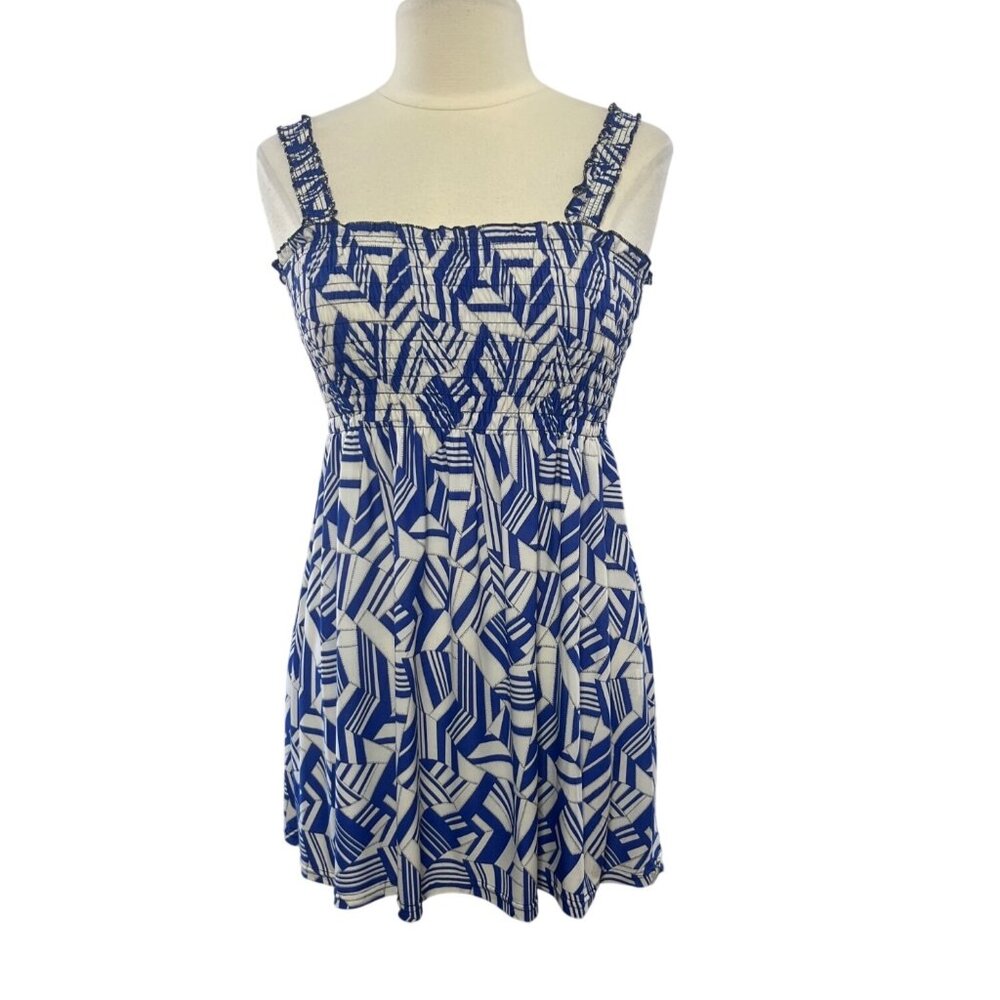 Seven‎ Islands Smocked Sun Dress 2X Blue White New Geometric Print
